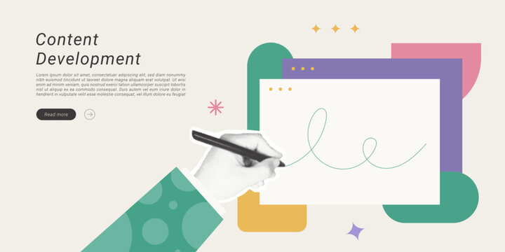 Trendy Halftone Collage of a hand writing on a browser screen surrounded by colorful geometric shapes, representing content development and web creation. Perfect for digital marketing 