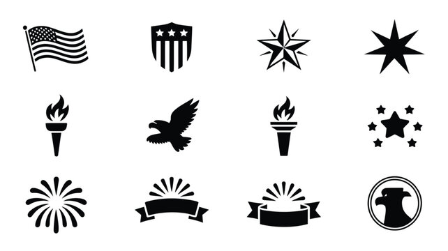 Simple black patriotic symbols featuring flag shield eagle star and torch vector silhouettes.