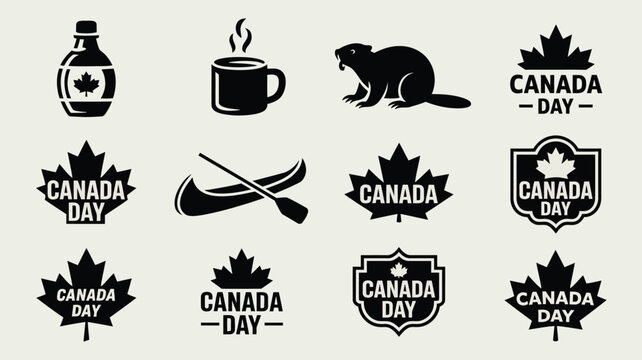 Canada day celebration logo set featuring maple leaf beaver and canoe vector illustration.