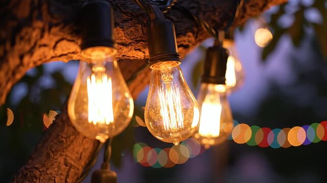 Vibrant string lights adorn tree branch with colorful bulbs shining brightly outdoors at dusk.