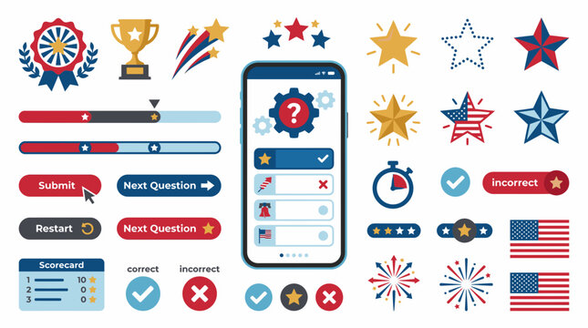 Mobile application UI kit for digital trivia and quiz game interfaces.