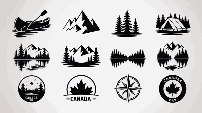 Canadian nature canoe and mountain silhouette icons for outdoor adventure.