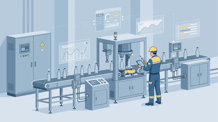 Isometric smart factory production line with worker using tablet to monitor automated bottling process and IoT data analytics in a modern industrial plant © vickryab