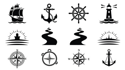 Nautical theme icon set with ship anchors steering wheels lighthouses and wind compasses. © PRITOM