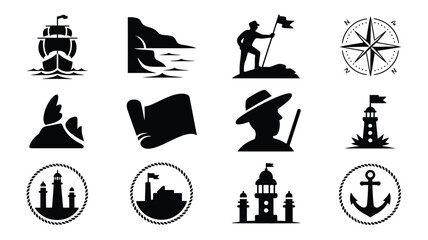 Set of twelve black and white vector icons related to exploration and adventure themes. © PRITOM
