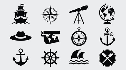 Set of twelve black and white vector icons representing travel and navigation themes. © PRITOM