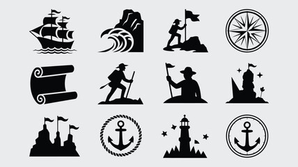 Set of twelve black and white vector icons for maritime and exploration themes isolated. © PRITOM