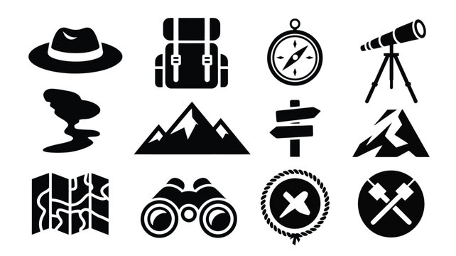 Collection of wilderness exploration symbols with hiking gear mountains and orienteering.