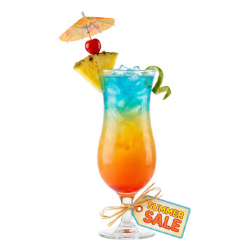 Colorful tropical cocktail with umbrella, fruit garnish, and summer sale tag