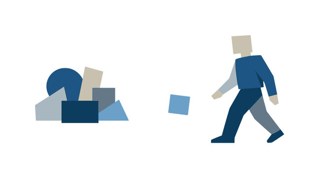 Human stepping closer as one shape detaches from the cluster, shifting from distant observation to focused attention. Stylized