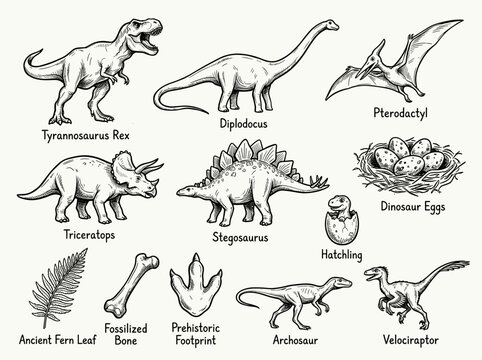 Collection of hand draw dinosaur sketch with t-rex and diplodocus, isolated on white background
