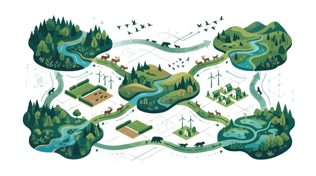 Ecological connectivity and landscape conservation map illustration.
