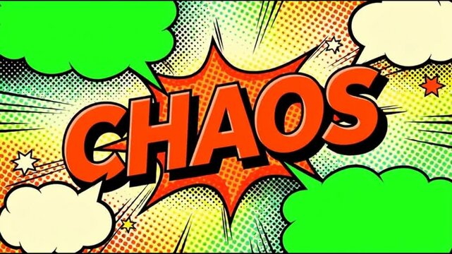 Comic style animation of the word chaos with speech bubbles