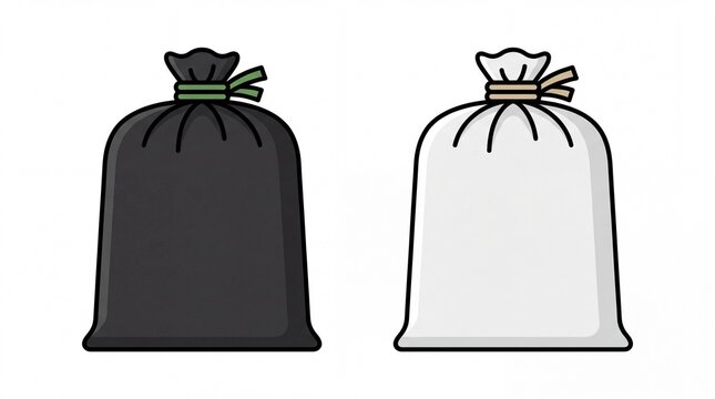 Two simple vector graphic sack icons illustrated in black and white colors on white background