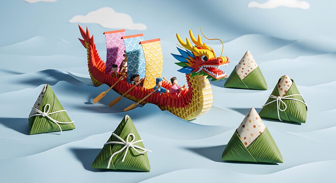 Dragon boat festival theme with zongzi and colorful dragon boat set against aquatic background