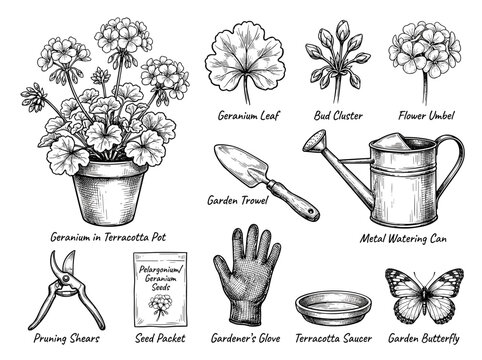 Hand drawn black ink sketch of geranium in pot with garden tools on white background, vintage botanical garden illustration