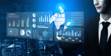 Fototapeta premium A futuristic professional engages with a cutting-edge data analytics dashboard, showcasing various statistics and visualizations in a high-tech business environment. Gantry