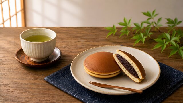 traditional japanese dorayaki red bean pancake served on a plate with hot green tea, sectional view of sweet azuki bean paste