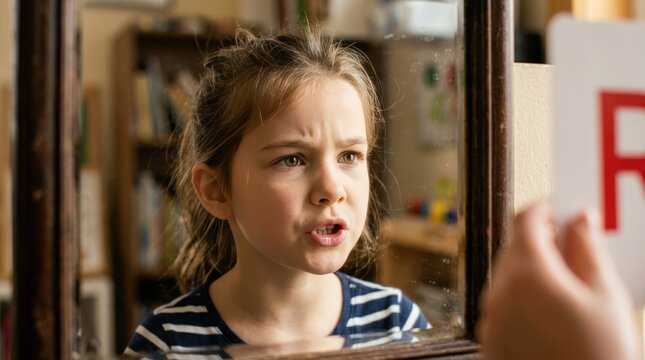 Young girl with dyslexia practicing sounds in front of a mirror