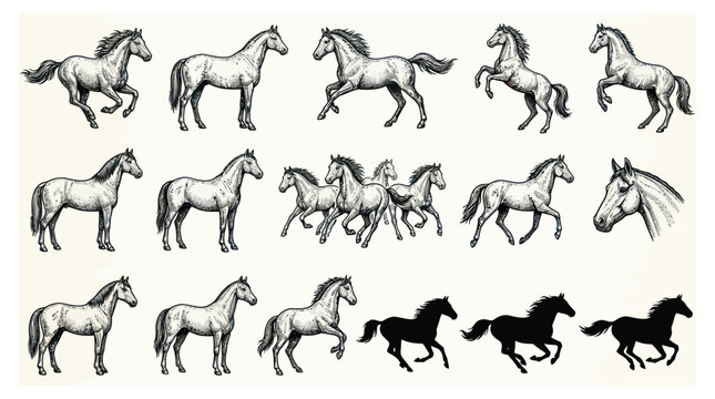 Collection of running rearing and standing horses in vintage style
