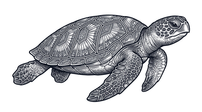 Detailed sea turtle with ornate shell patterns in engraving style