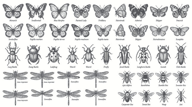 Vintage collection of hand drawn insects and butterflies