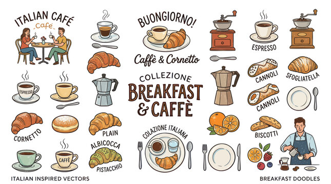 Italian breakfast and coffee cafe doodles with pastries and espresso