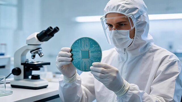 Scientist examining microchip in lab