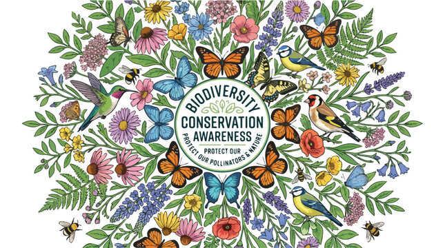 Biodiversity Conservation Awareness Illustration with Pollinators and Flowers.