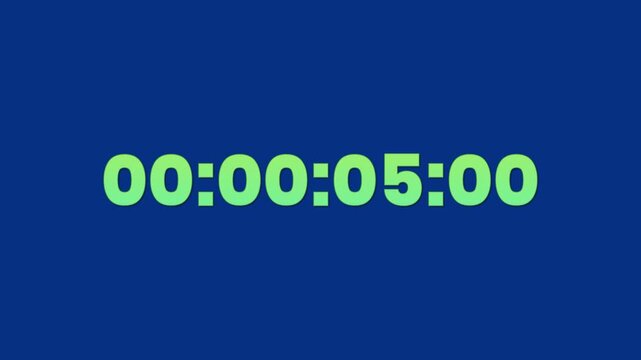 Digital timecode counter clock ticking and counting up seconds and frames with bright green text on a dark blue background.