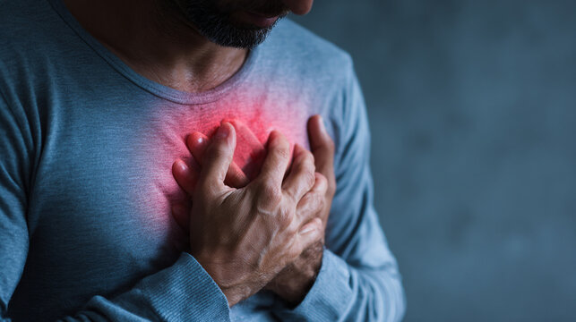 Man suffering from chest pain, heart attack or heart disease