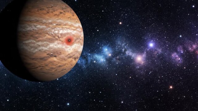 A majestic gas giant planet with atmospheric storms and a prominent red spot rotates slowly in deep space.