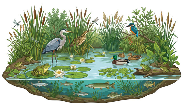 Cross section illustration of a pond ecosystem with diverse wildlife and aquatic plants.