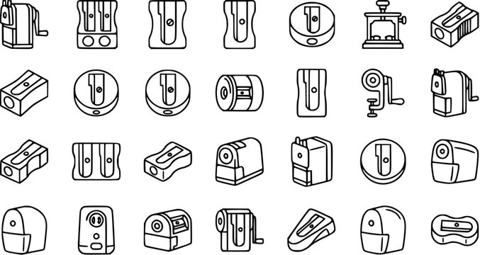 Black and White Line Art Icons of Various Pencil Sharpeners on White Background