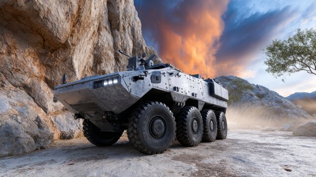 Armored 6x6 Wheeled Vehicle in Rocky Mountain Terrain at Sunset