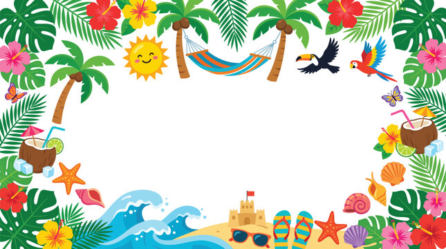Tropical summer frame with palm trees flowers toucan and beach elements on a white background