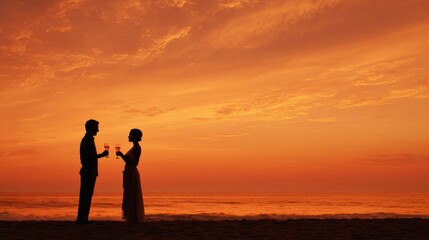 Fototapeta premium Lovers drink sunset. Couple cheers with ocean view. Romantic pair enjoying wine on beach during evening sunset. Two individuals raise glasses in celebration as waves gently crash at dusk
