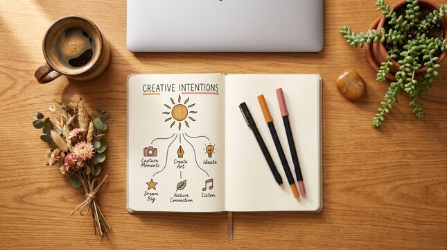 overhead view of creative planner with goals on wooden desk with coffee and plants