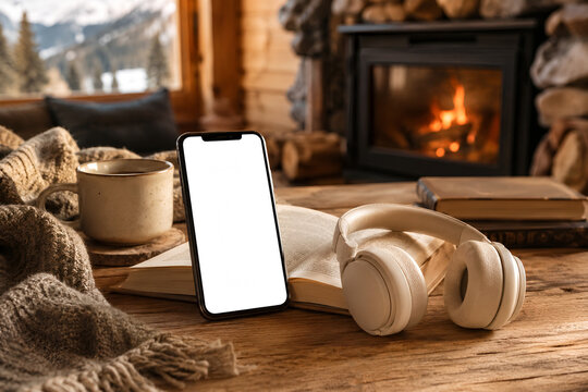 Cozy audiobook listening scene with smartphone mockup and headphones in mountain cabin. Modern audio content listening concept.