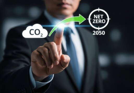 Hand pointing to co2 emissions and net zero 2050