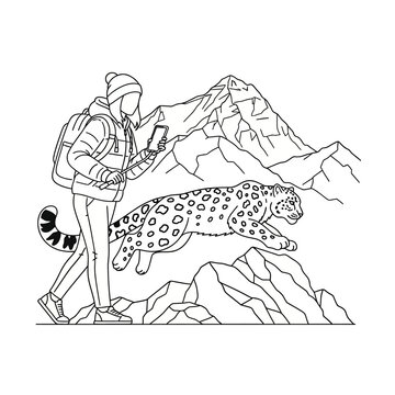 Hiker encounters leopard in rugged mountain terrain illustration.