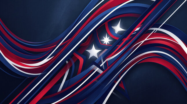 Abstract background, with flowing red, white, and blue, ribbons and glowing, five generated using ai