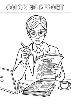 Businesswoman reviewing competitor analysis report sketch.