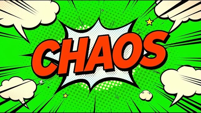 Animated chaos word bursting in vibrant comic book style