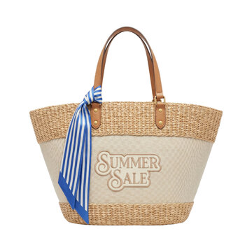 Woven summer tote bag with striped ribbon and promotional text for sale
