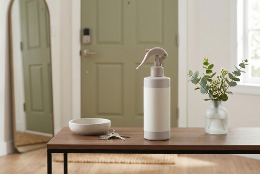 Multipurpose trigger spray bottle on hall table with keys and vase for home cleaning product background and lifestyle display