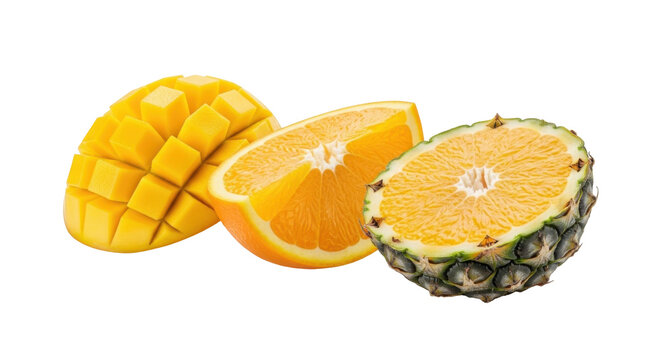 fresh citrus fruits trio orange lemon pineapple cutout isolated on transparent background