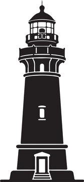 Black and white silhouette graphic of a tall coastal lighthouse with lighthouse navigation maritime nautical silhouette minimalist