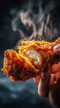 Closeup of a crispy fried chicken drumstick held by hand