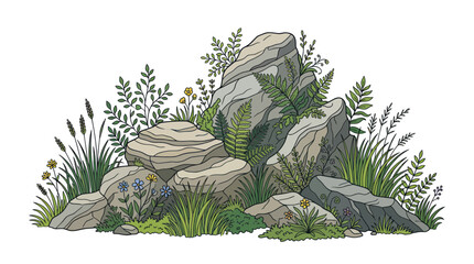 Natural rock formation with lush greenery and small wildflowers © Denso
